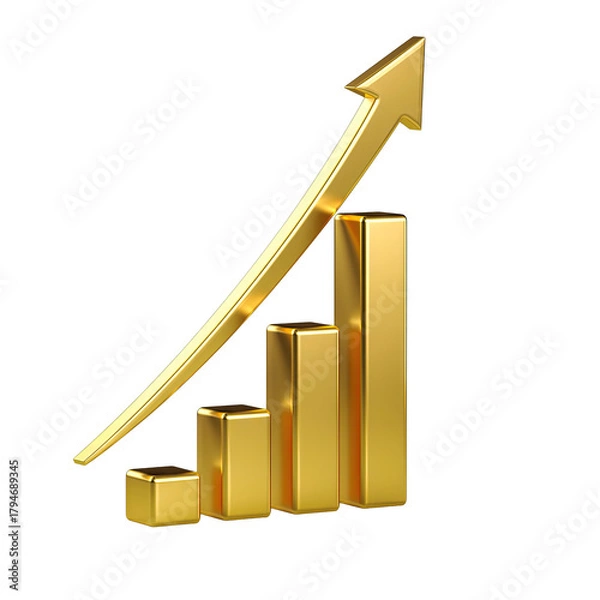 Obraz Golden Bar Chart with Upward Arrow Illustrating Financial Growth and Success Isolated on a Transparent Background
