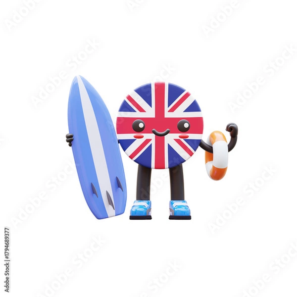 Obraz Cute 3D United Kingdom flag mascot holding a surfboard and lifebuoy representing summer, vacation, and beach safety.