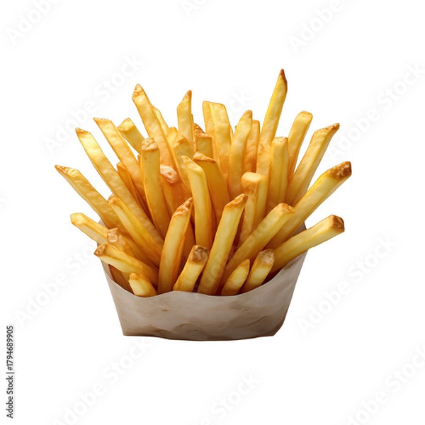 Obraz Golden Brown French Fries in a White Paper Container Isolated on a Black Background