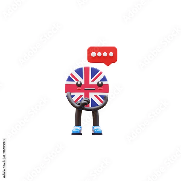 Obraz Cute 3D United Kingdom flag mascot thinking with red chat bubble showing idea and contemplation.