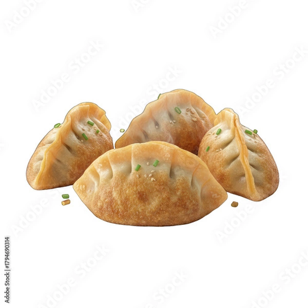 Obraz Golden brown pan fried dumplings arranged in a close up shot with sprinkled chives on top isolated on a transparent background