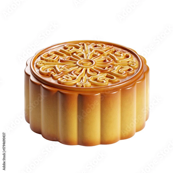 Obraz Golden Brown Mooncake With Intricate Pattern On Top Isolated On Black Background Food Photography