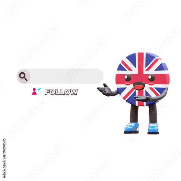 Obraz Cute 3D United Kingdom flag mascot pointing at follow button with search bar symbolizing social media promotion.