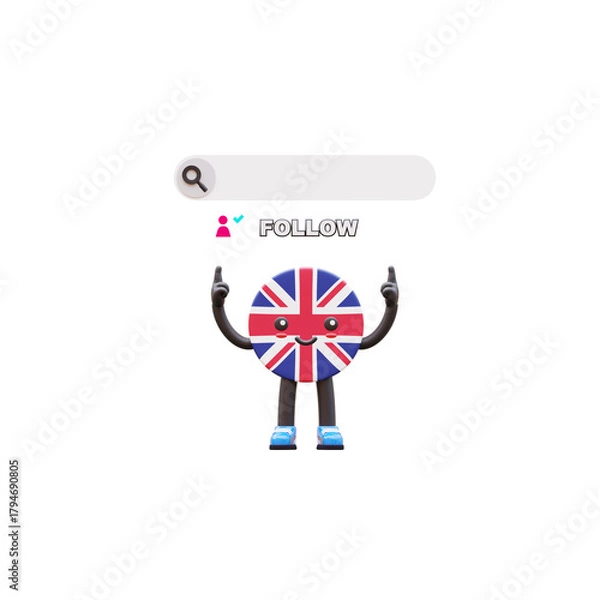 Fototapeta Cute 3D United Kingdom flag mascot pointing upward to follow button symbolizing social connection and promotion.