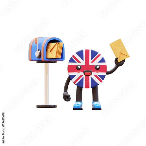 Obraz Cute 3D United Kingdom flag mascot holding envelope near blue mailbox symbolizing communication and mail delivery.