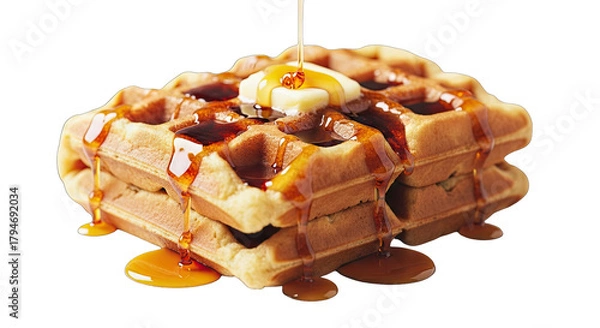 Obraz Golden Brown Waffle Stack Topped With Butter And Drizzled With Maple Syrup On A Transparent Background