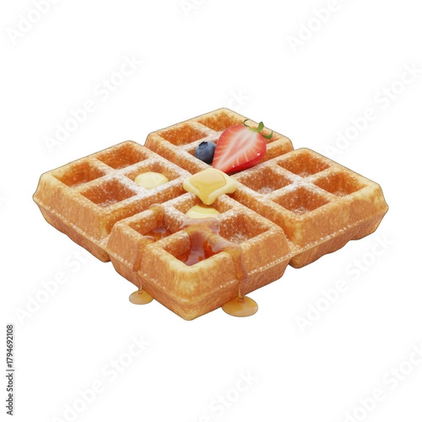 Obraz Golden Brown Waffles Topped With Butter Syrup And Fresh Berries On A Transparent Background
