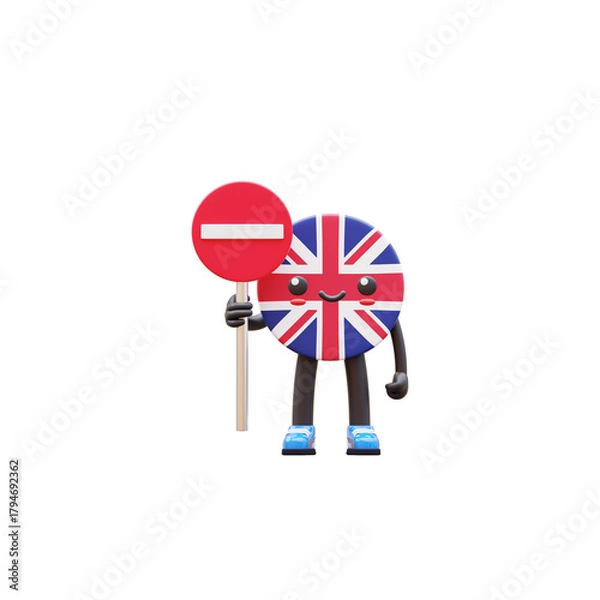 Obraz Cute 3D United Kingdom flag mascot holding red circle do not enter sign representing restriction and traffic control.