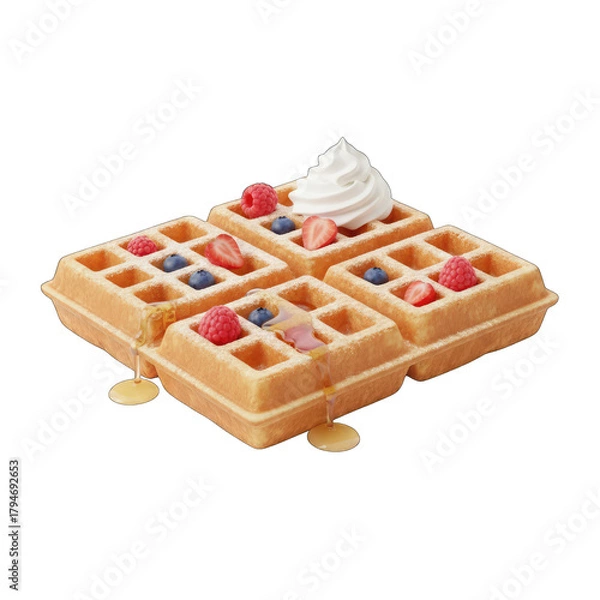 Obraz Golden Brown Waffles Topped With Whipped Cream Fresh Berries And Drizzled With Syrup On A Transparent Background
