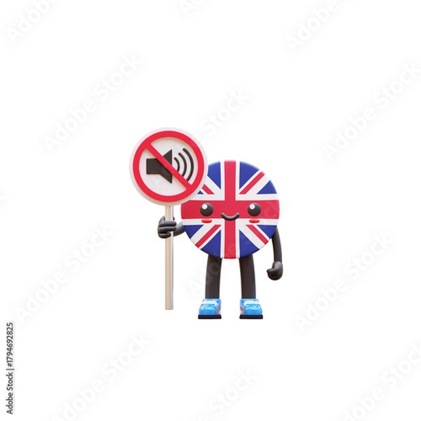 Obraz Cute 3D United Kingdom flag mascot holding no sound or mute sign representing silence and respect zone.