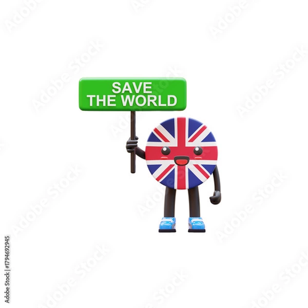 Obraz Cute 3D United Kingdom flag mascot holding green board �Save the World� promoting environmental awareness and sustainability.