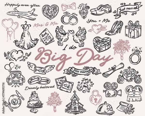 Fototapeta Whimsical, playful set of hand drawn wedding icons vector collection, 