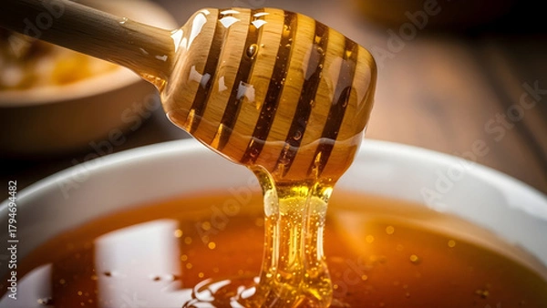Fototapeta Golden honey dripping from a wooden dipper into a bowl