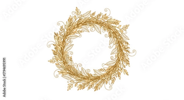 Fototapeta Elegant golden wreath composed of delicate leaves and tiny floral elements creating a circular frame.