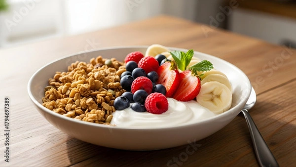 Fototapeta Healthy yogurt bowl with granola fresh berries and banana slices
