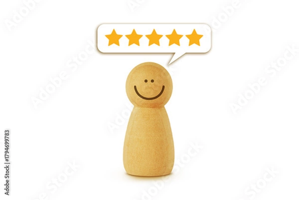 Fototapeta Wooden pawn and speech bubble with five stars - Concept of feedback and customer satisfaction