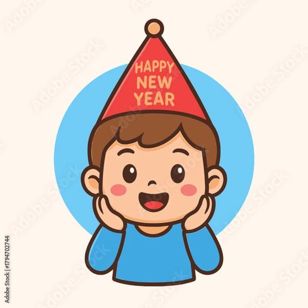 Obraz Happy New Year celebration, flate vector logo illustration of a child wearing a festive hat