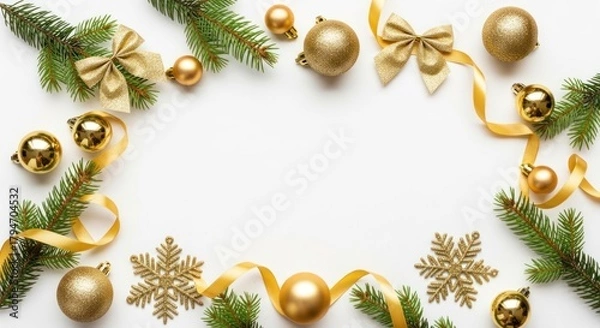 Fototapeta Christmas decorations frame a white background with gold ornaments, ribbons, snowflakes, bows, and evergreen branches creating a festive border.