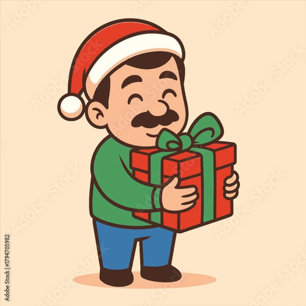 Obraz Happy man with a mustache in a Santa hat holding a Christmas gift, a cute cartoon character flat vector logo illustration design 82.eps
