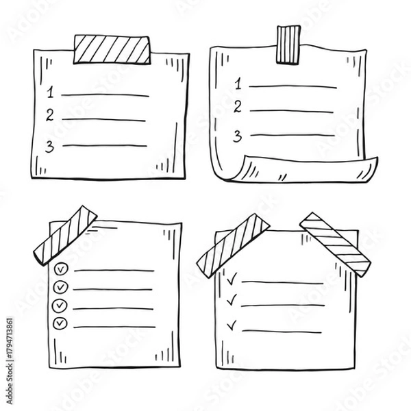 Fototapeta Memo paper sheet icon set. Hand drawn vector illustration on isolated background.