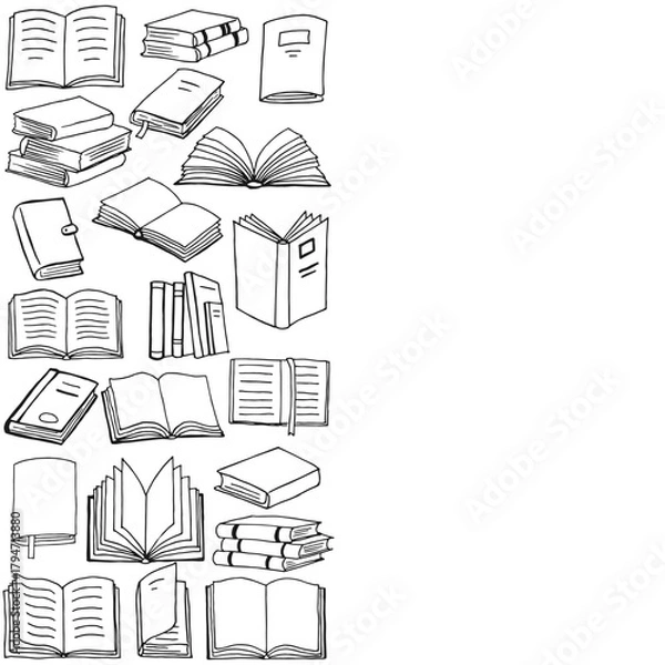 Fototapeta Border of books. Collection of various position books with open and developmental pages symbol.