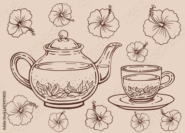 Fototapeta Tea set with glass teapot and cup, hibiscus. Hand drawn vector illustration in outline style.