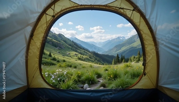 Obraz Inside-tent viewpoint: breezy summer landscape with towering mountain ridges