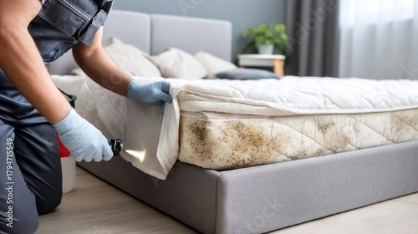 Fototapeta Professional pest control worker inspecting mattress for bed bugs, mold, and signs of infestation in bedroom