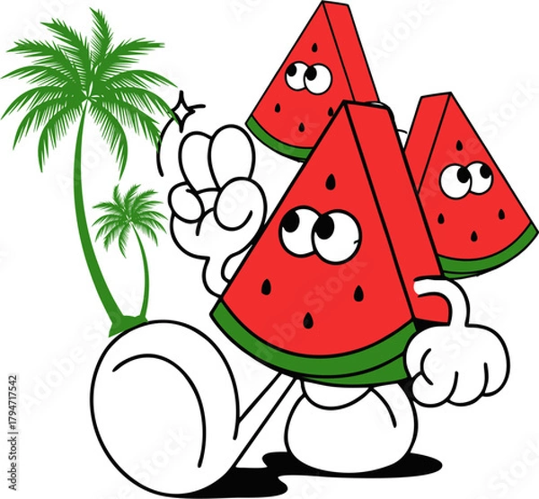 Fototapeta Quirky Cartoon Watermelon Character Giving Peace Sign. Fun Retro Pop Art Illustration with Tropical Palm Tree Background perfect for Summer Holiday Apparel Print, Beach Graphic, or Happy Sticker