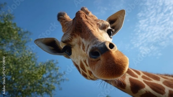 Fototapeta Close-Up of a Giraffe Head with Frontal View Against a Clear Blue Sky