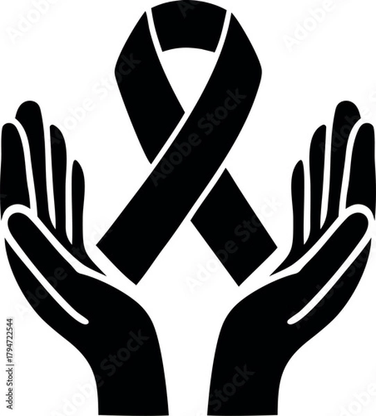 Obraz Hands holding a ribbon of support and awareness art silhouette icon