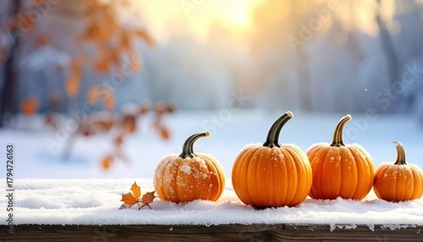 Obraz Autumnal Pumpkin Scene in Snowy Landscape: A charming display of ripe pumpkins rests in the snowy embrace of a frosty landscape, reflecting the beauty of the season. 
