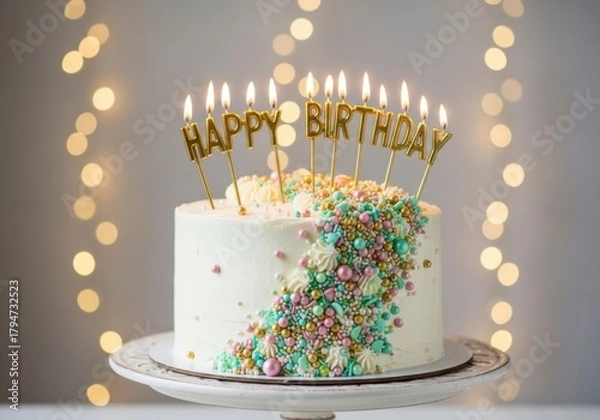 Fototapeta A beautifully decorated white birthday cake with happy birthday candles and colorful sprinkles, set against a bokeh background