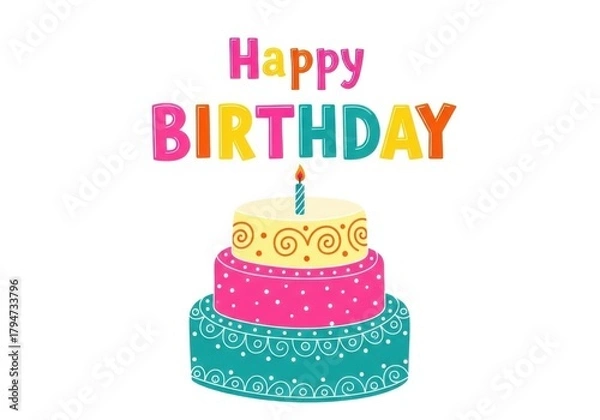 Fototapeta Happy birthday greeting card with a colorful tiered cake and a lit candle
