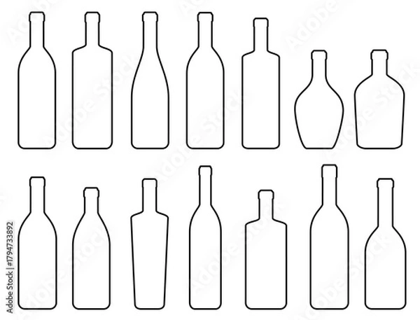 Fototapeta Alcohol drink set of isolated wine, vodka, cognac, liquor bottles linear silhouettes