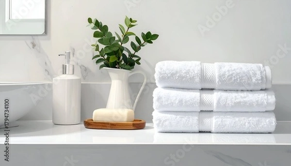 Fototapeta Freshly arranged white towels and a soap bar on a sleek bathroom countertop with greenery nearby