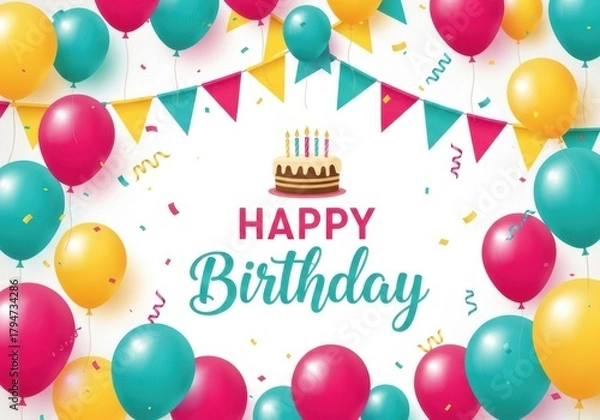 Fototapeta Happy birthday celebration with colorful balloons, festive bunting, and a delicious cake, perfect for party invitations and greetings
