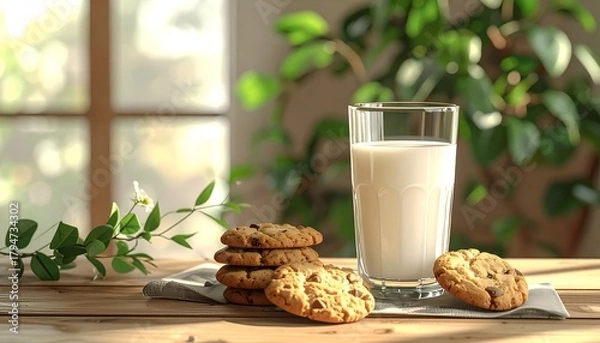 Fototapeta A refreshing glass of milk beside a plate of delicious cookies on a wooden table with greenery in the background