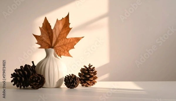 Fototapeta A serene autumn still life featuring a white vase with pinecones and a vibrant maple leaf against a soft backdrop