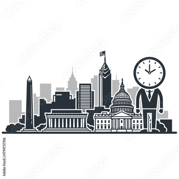 Obraz Modern city skyline with large clock character