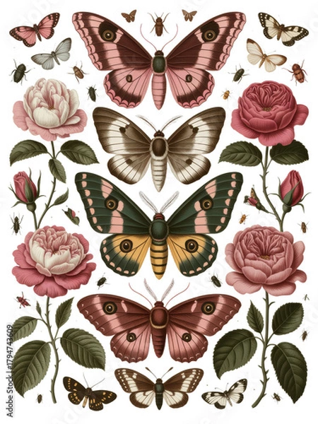 Obraz Symmetrical Butterflies and Roses in Vintage Illustration