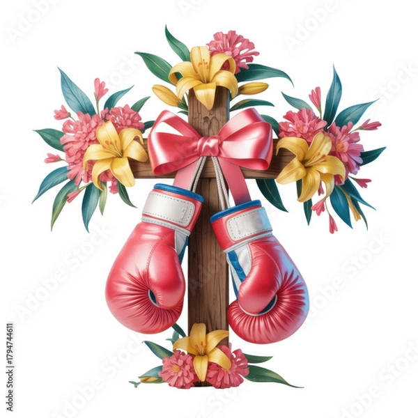 Obraz Watercolor Cross Adorned with Flowers and Gloves