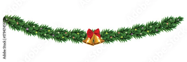 Obraz Seamless colorful Christmas garland of fir branches with with bells and red, white, and yellow lights. Perfect glowing border for Christmas tree decorations. vector illustration