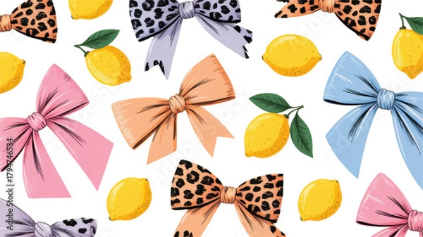 Fototapeta Playful Leopard Print Bows and Lemons Pattern