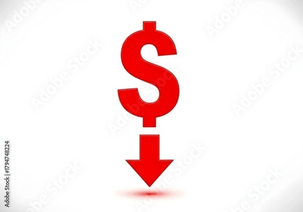 Fototapeta Red Dollar Sign and Down Arrow Showing Decrease in Price or Value