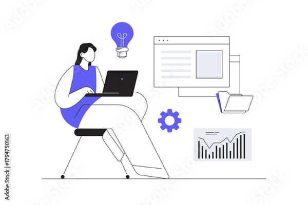 Fototapeta Customer service. Online technical support. Hotline operator woman advises a customer through a laptop. Flat Cartoon Vector Illustration, icon Stylish abstract design landing page web