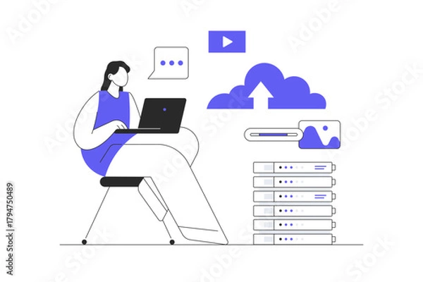 Obraz Cloud computing, online database, web hosting. Woman using laptop upload and download information on cloud storage. Flat Cartoon Vector Illustration, icon Stylish abstract design landing page web