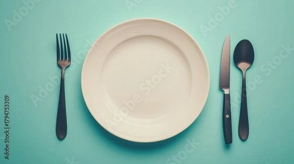 Fototapeta Cutlery set of plate,fork,spoon, knife,Table setting,top view,Vector hand drawn illustrations type of christmas dinner table,isolated illustration on white background,holiday greeting design.