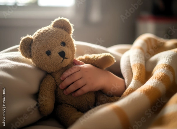 Obraz - Child cuddling teddy bear in bed