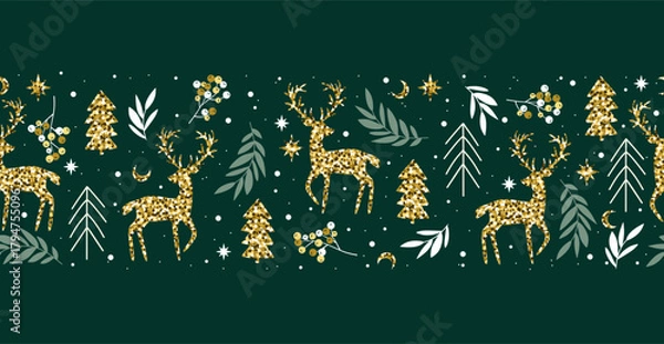 Fototapeta Christmas seamless border with deers and herbs on green background. Vector gold illustration